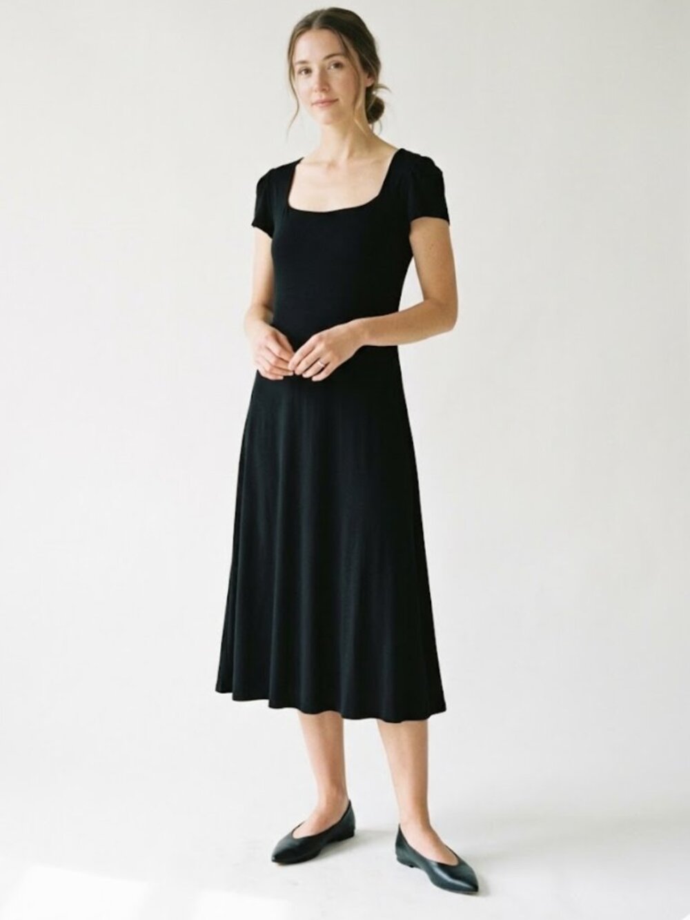 Essentials A.B.S Dress Black Midi Demure Party Minimalist M NWT